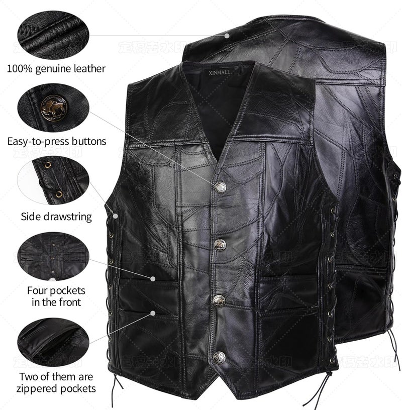 XINMALL Motorcycle Genuine Leather Biker Vest for Men Club Style Classic Black - Image 2